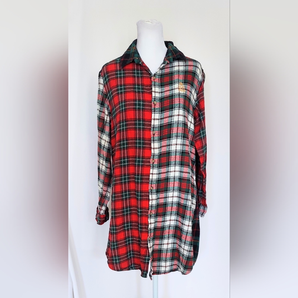 Lauren Ralph Lauren Crescent Logo Plaid Button Down Pajama Shirt Womens Small